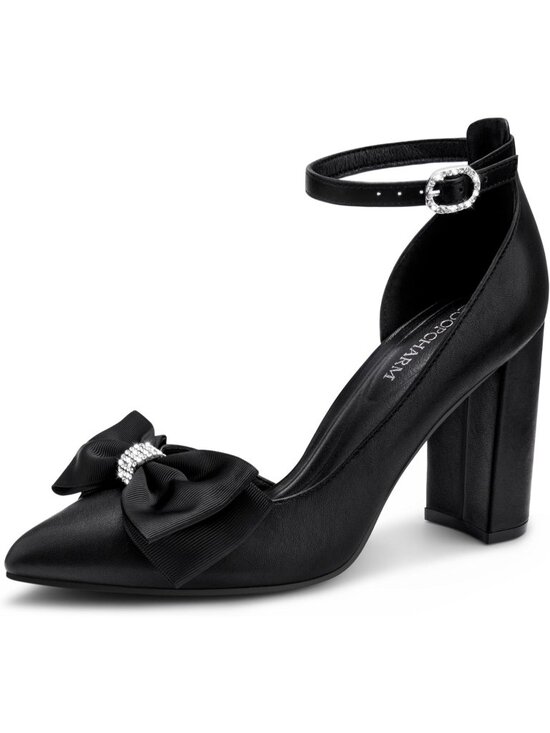 Shoes - Women's Black Pu Pointed Toe Pumps Bow on Toe Ankle Strap Chunky Block Heel